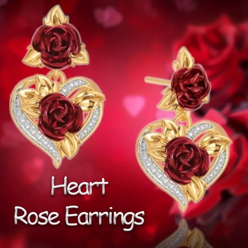 Rose Heart Dangle Earrings, Gold Tone with Red Rose and