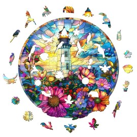 Woodemon Wooden Puzzles for Adults, Stained Glass Lighthouse (M-200pcs) Wooden Jigsaw Puzzles for Kids, 11.4 * 11.2in Unique Shaped Animal Wood Puzzles, Wooden Animal Puzzles Christmas Birthday Gifts