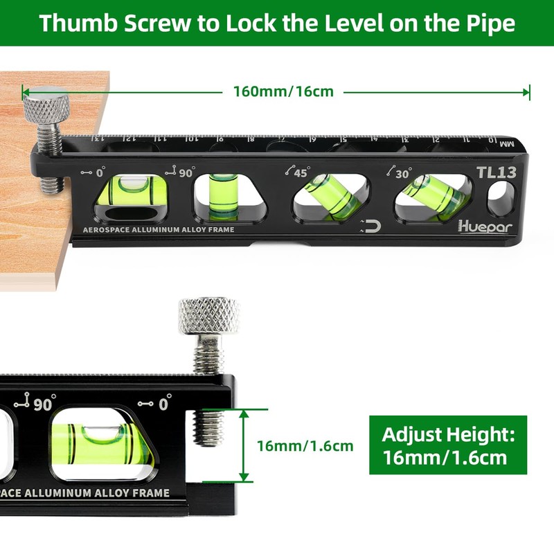 Huepar Level/Leveler Mini with Strong Magnet V-Groove, Screw Clamp, Graduations,