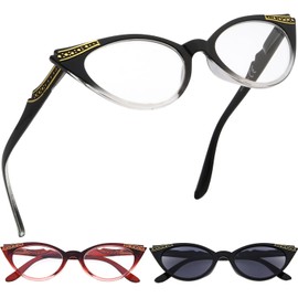GUD Reading Glasses 3 Pairs Cateye Style Readers for Women (Black Transparent/Red Transparent/Grey Lens)