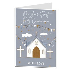 LimaLima First Holy Communion Card With Love Religious Card for Boys or Girls – Church and Cross Design