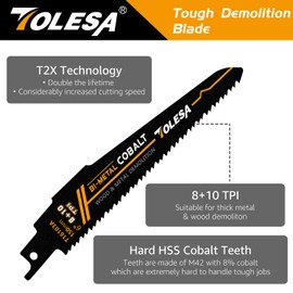 TOLESA Metal Wood Demolition Reciprocating Saw Blades 6 Inch 8+10TPI Sawzall Blades for Steel Pipe Cutting, Drywall, Chipboard, Glass Fiber-Reinforce Plastic and Composite Materials Demolition 5 Pack