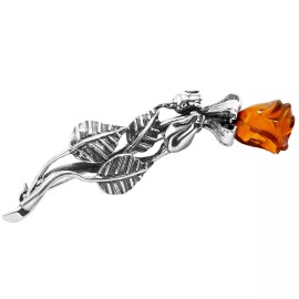 Navada 925 Solid Pure Sterling Silver Honey Baltic Amber Designer Nice Rose Brooch Pin