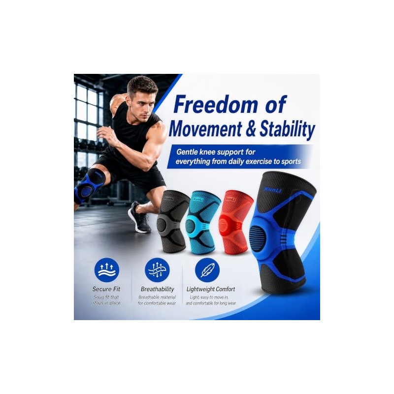kunli Knee Support Sleeves With Side Stabilisers, 1 Pack，Black：M