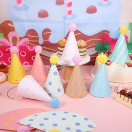 Cabilock 16pcs Birthday Party Cone Hats, 7 inch Pom Poms Party Favors Supplies, Decorations Paper Colorful Hat for Girls Boys Baby Shower Photo Props