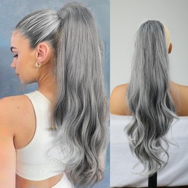 Long Gray Drawstring Hair Ponytail Extension for Women,Salt and Pepper Pony Tails Clip on in Hair Extensions for Women Synthetic 26 Inch Curly Wavy Layered Faux Silver Grey to White Ponytails(Gray)