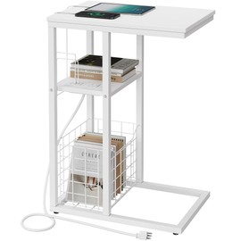 Vagusicc C Shaped End Table with Charging Station, Side Table for Couch, Small Side End Table for Small Spaces, 28" High Slide Under Sofa Table for Coffee, Tv Tray Table for Living Room, White