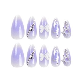 Press on Nails Medium Almond Purple False Nails Stars Bow Tie Design French Artificial Nails Rhinestones Fake Nails Artificial Acrylic Nails Full Cover Reusable Coffin Nails Glue on Nails for Women