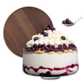 Large Trifle Bowl with Lid (130oz) - Silver Serving Spoon & Acacia Wood Lid - Trifle Bowl Glass, Glass Salad Bowl, Trifle Bowl with Pedestal - Trifle Dish for Layered Desserts, Fruits, Salads, Punch