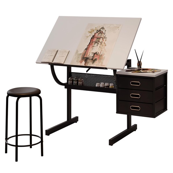 Drafting Table w/Stool,Height Adjustable Drafting Table for Adults ,Tilted Tabletop