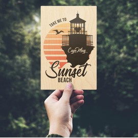Cape May, New Jersey, Take Me to Sunset Beach, Vector Lighthouse and Sun (4x6 Birch Wood Postcards, 2-Pack Stationary, Rustic Home Wall Decor)