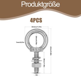 Pack of 4 Eye Bolts M8, Eye Bolts 304 Screw Eyelets Stainless Steel Eye Bolts Stainless Steel Eye Bolt M8 with Nuts and Washers for Attaching and Hanging Chain Ropes