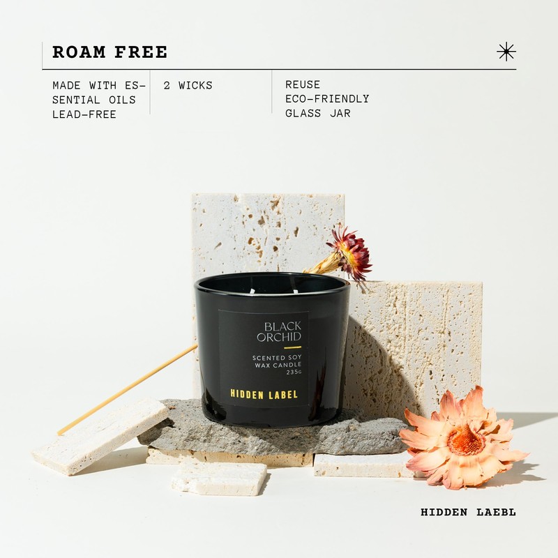 Hidden Label Black Orchid Scented Candle, 100% Cotton Lead-Free Wick,Sustainable