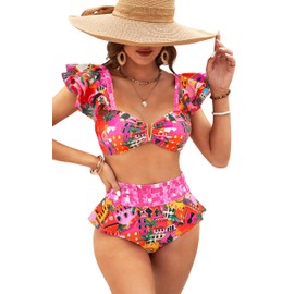 SPORLIKE Women High Waisted Swimsuit Ruffle V Neck Two Pieces Bikini Padded Bathing Suit(Castle Print,Large)