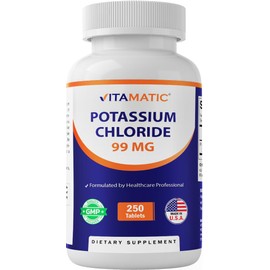 Vitamatic Potassium 99mg – 250 Tablets – Potassium Chloride for Muscle, Heart & Nerve Function – Electrolyte Support – Non-GMO, Gluten-Free