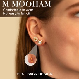 M MOOHAM Stud Earrings for Women Men - Hypoallergenic 14k Gold Flat Back Studs Earrings for Sensitive Ears Gold Stud Cubic Zirconia Earring Sets for Women Mens S925 Post Earring Jewelry Gifts