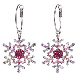 EVER FAITH Holiday Christmas Jewelry Gift Rhinestone Crystal Winter Accessories Snowflake Hoop Dangle Earrings for Women Pink Silver-Tone