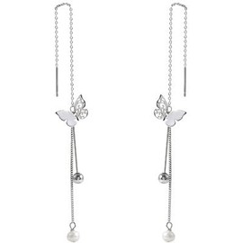 Butterfly Tassel Threader Earrings for Women Girls Delicate Pearl Charm Long Chain Dangle Drop Earring Fashion Jewelry Sensitive Ears (Silver, One size)