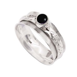 JEWELSTREZORO Cabochon-Schwarzer Onyx Edelstein-für Herren und Damen,Geschenkartikel, 925er-Sterling Silber Band Ring Schmuck TSR371BY_21 (67 (21.3))