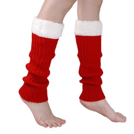phnydreg Leg Warmers for Women Winter Christmas Leg Warmer Knit Red Leg Warmers with Fuzzy Fur Cuffs for Dance Christmas Cosplay Costume Party