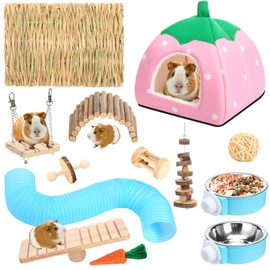 Youyole 13 Pcs Guinea Pig Starter Kit Hamster Hideout Bed Rabbit Enrichment Toys Cage Accessories Bunny Hides Tunnel Gerbil House Chew Toys with Pet Food Bowl for Chinchillas Hedgehogs Ferrets(Pink)