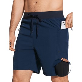 ZUTY 8" Men's Swim Trunks Board Shorts Bathing Suits Quick Dry UPF 50+ with Compression Liner with Zipper Pockets Deep Blue M