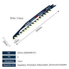 LAIWOO Pack of 2 Reciprocating Saw Blades Stone, Carbide Steel Saw Blades, Ytong Saw, Brick Saw Reciprocating Saw for Aerated Concrete, Concrete for Einhell, Dewalt, Bosch (S0243HM, 225 mm)