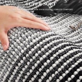 BSICPRO Bathroom Rugs Sets 3 Piece, Toilet Rugs U-Shaped Contour Bath Mat Set, Striped Absorbent Non Slip Chenille Shower Mats for Bathroom, Black