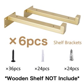 EZYDECOR 6 Pcs 10-Inch Floating Shelf Brackets Heavy Duty Wall Mounted Gold Metal Shelving Supports with Lip (Gold) 10"