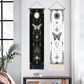 BVBOX - Juego de 2 tapices verticales para luna y sol, diseño de flores de paisaje para decoración de pared para sala de estar y recámara, 13 pulgadas de ancho x 51 pulgadas de alto (mariposas 2, 13
