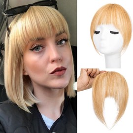 Clip in Bangs 100% Real Human Hair Extensions French Bangs for Women Fake Bangs Clip on Bangs Faux Hair extensions Fringe with Temples (Blonde2)