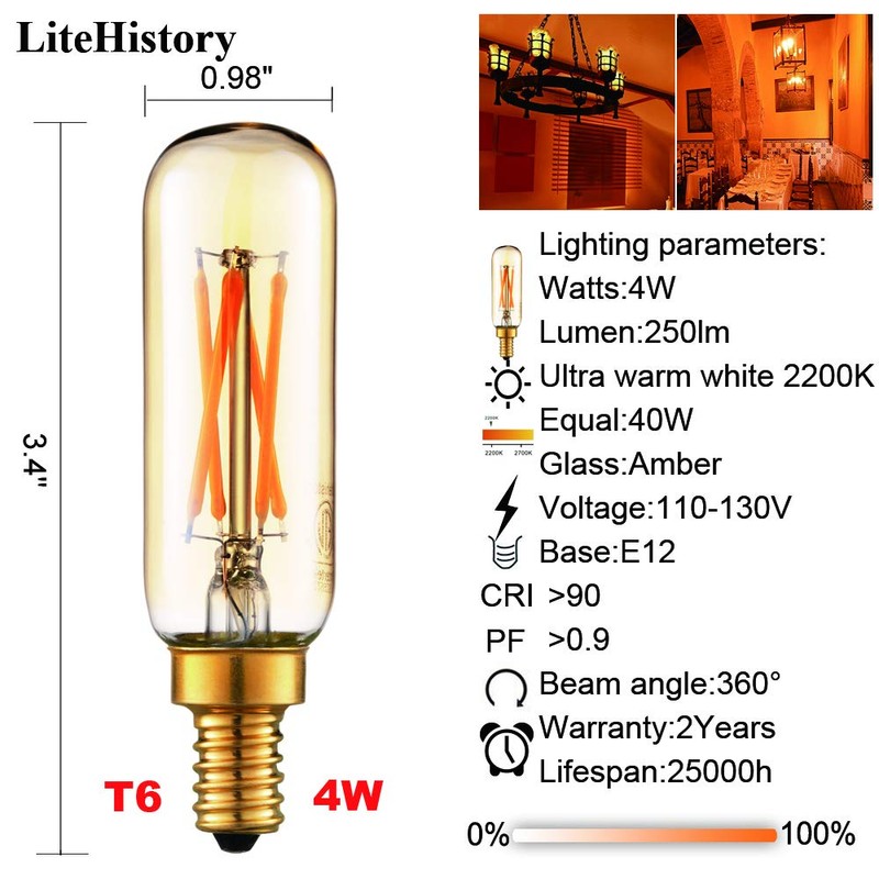 LiteHistory Dimmable T6 led Bulb 40W Candelabra led 2200K Amber