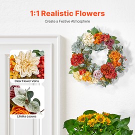 Happybuy 24 - inch Multicolor Artificial Decorative Wreath in Red, Orange, and Yellow, Adorned with Hydrangeas, Roses and a Wooden Sign, All - Seasons Wreath for Indoor and Outdoor Home Wall