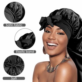 Adorila Extra Long Satin Bonnet for Women, Adjustable Braided Bonnet with Tie, Double Layer Elastic Silk Bonnet, black