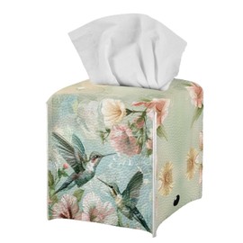 Eheartsgir Hummingbird Flowers Square Tissue Box Cover Pu Leather Tissue Holder Facial Paper Cover Waterproof Stain Resistant Toilet Paper Holder for Bathroom Bedroom Christmas Decor