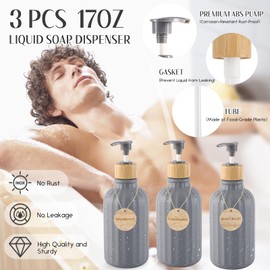 Grey Bathroom Accessories Set 17PCS Bathroom Set with Trash Can 3PCS Lotion Soap Dispenser, Toothbrush Holder, Soap Dish,Tumbler Cup,6PCS Wood Tags Bath Accessories with Tray for Bathroom