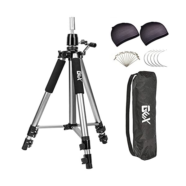 GEX 63" Heavy Duty Canvas Block Head Tripod Cosmetology Training Doll Head Stand Mannequin Manikin Head Tripod Wig Stand With Travel Bag (Version 1.0) (Silver)