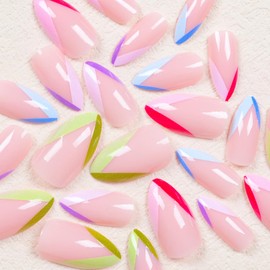 Press on Nails Almond Medium Length Glossy Full Cover Acrylic Colorful French False Nails with Designs Artificial Almond Shaped Fake Nails with Charms Glue on Fingernails for Women Girls