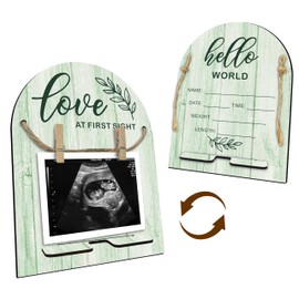 Hello World Baby Newborn Wooden Sign - Ultrasound Picture Frame With Stand - Double Sided Print Unfinished Baby Announcement Plaque - Hospital Nursery Milestone Board & Pregnancy Gift(Green)- A11