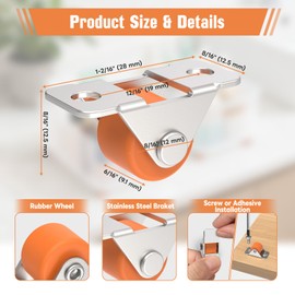 Mixizigoz 0.5 Inch Mini Low Profile Caster Wheels - Self Adhesive Silent Rubber Rolling Wheels with Steel Plate for Small Kitchen Appliances, Drawer, Storage Box, Tiny DIY Projects (Orange-4 Pcs)