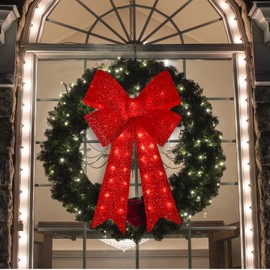 GLOWNOVA 24'' 40LED Christmas Wreath Bow, Thanksgiving Wreath Bow,Christmas Tree Topper Decorative Bows, Christmas Glitter Red Bow for Front Door Wreath Home Indoor Outdoor Decorations