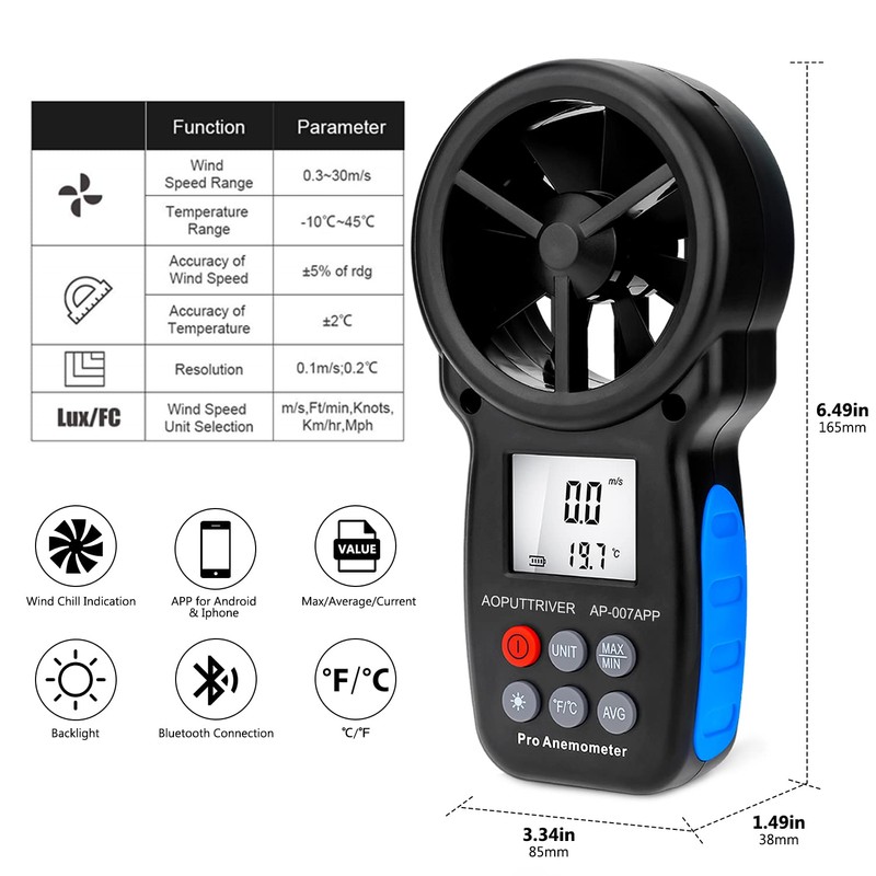 Digital Bluetooth Anemometer Handheld, AP-007-APP Wireless Anemometer Wind Speed Meter