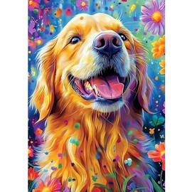 DOMROM Dog Diamond Painting, Golden Hair Diamond Painting for Adults, Children, Animal Diamond Painting Set, Colourful Flowers Diamond Painting Kit, Diamond Art, Adults for Home, Wall Decor, 30 x 40