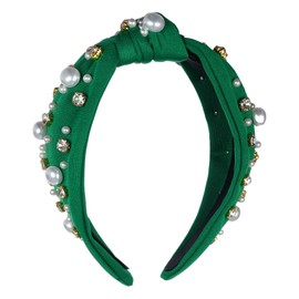 Headband Green White Pearl Crystal Jeweled Knotted Hairband for Women Outfits Carnival Christmas Mardi Gras St.Patrick's Day (green)