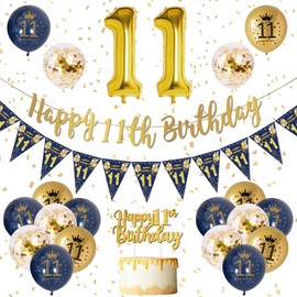 11th Birthday Decorations Boys Blue Gold Happy 11th Birthday Banner, 11th Birthday Balloons, Navy Blue Gold Latex Balloons Party Decorations Confetti Balloons for Boys 11 Birthday Party Supplies