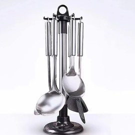 YCSSSD Kitchen ware Storage Rack, Stainless Steel Kitchen Utensil Holder Organizer, Countertop 360 Degree Rotating Utensil Holder for Kitchen Counter with 6 Hooks.