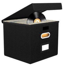 12-inch Vinyl Record Storage Box, Foldable & Stackable LP Storage Boxes Holds up to 90+ Single Records, CD Storage Case with Lid & Handles for Valuable Album, CDs, Passports, Files Collection- Black