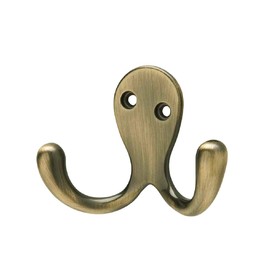 2 x Antique Brass Double Coat Hooks, Door & Wall Robe Dress Garment Hangers