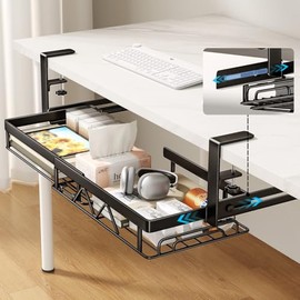 CICUFY Cable Management Under Desk, Expandable Under Desk Shelf, No Drill Cord Management Under Desk Organizer Black, Clamp On Desk Cable Tray