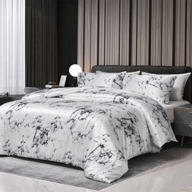 Boqingzhu Satin Bed Linen 155 x 220 cm Grey White Marble Look Pattern Modern Aesthetic Elegant Silk Bed Linen Set Summer Winter Double Bed Duvet Cover 155 x 220 cm and Pillowcase 80 x 80 cm